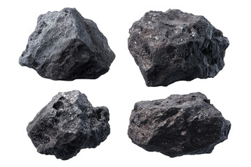 Obraz premium Four dark grey, irregularly shaped rocks, rendered against a black background, showing texture and subtle highlights