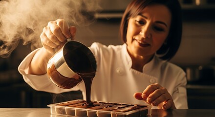 chocolate artisan pouring the melted chocolate