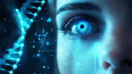 Close-up of a woman's eye with digital data overlay and DNA strands - Powered by Adobe