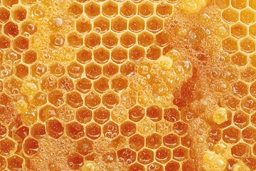 A close-up of golden honeycomb filled with fresh honey, perfect for food