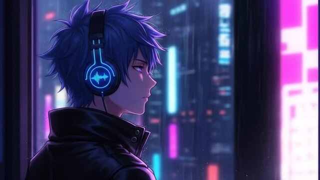 Blue haired anime boy wearing headphones looking out at futuristic neon city. Technology concept