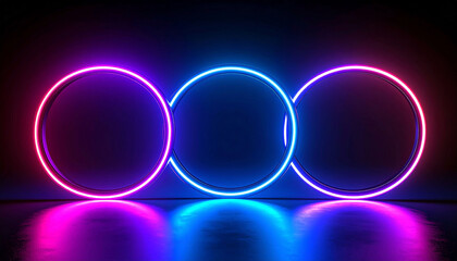 Three glowing neon circles in vibrant pink and blue