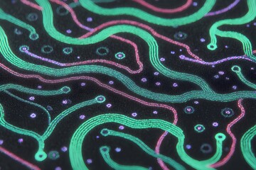 Abstract design of flowing lines and dots with a dark background, reminiscent of circuits or neural networks