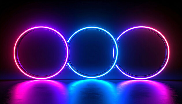 Three glowing neon circles in vibrant pink and blue