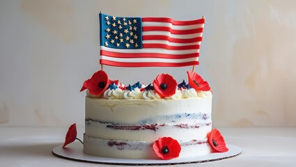A patriotic cake decorated with an american flag and red poppy flowers on a white background