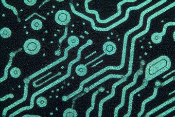 Close-up view of an abstract circuit board pattern in vibrant teal against a black background