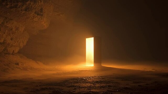 In the heart of an ancient, dark cave, a single, unadorned obsidian door stands impossibly freestanding. 