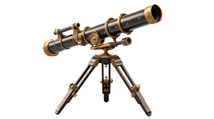Antique telescope resting on its tripod against a transparent background