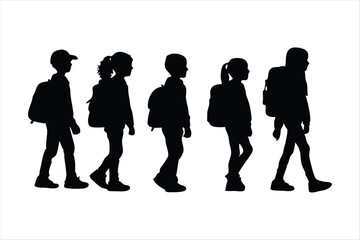 School Children Walking with Backpacks Silhouette - Kids Education Vector