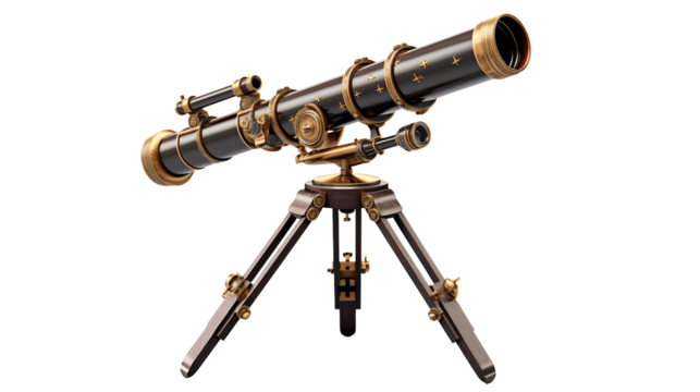 Antique telescope resting on its tripod against a transparent background