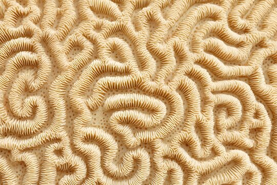 A close-up view of a brain coral shows a detailed pattern of curving lines and shapes in a natural light