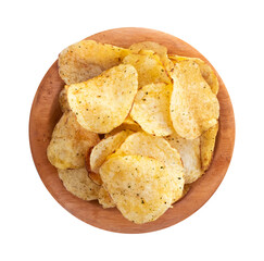 potato chips in wooden plate. shot with high angle view