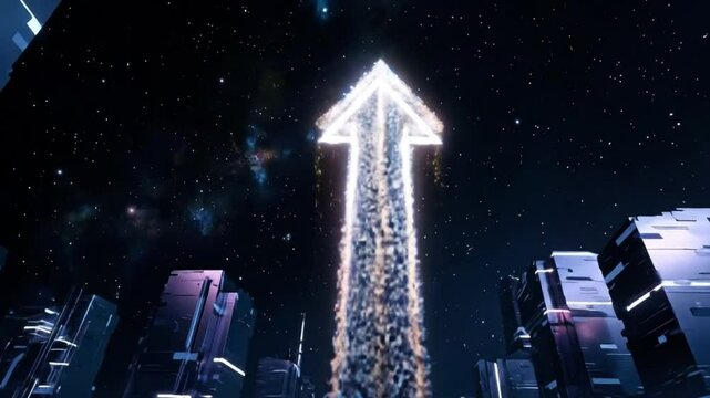 A glowing upward arrow made of digital particles emerging from a futuristic city skyline, symbolizing marketing growth and innovation, dynamic camera movement, cinematic lighting


