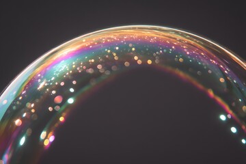 Close-up of a soap bubble reflecting iridescent colors and sparkling light. The bubble's surface shows a captivating play of light and color.
