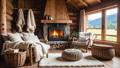 Cozy rustic cabin living room with a stone fireplace, wooden beams, comfy seating, and large windows showcasing a mountain view.  Cream-colored textiles and woven baskets add to the warm ambiance
