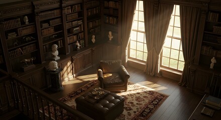 A library room with bookshelves, a chair, ottoman, and windows with curtains in a cozy setting