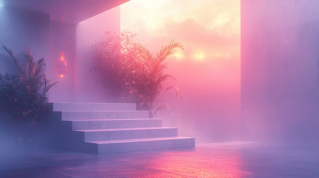 Misty, neon-lit steps leading to a hazy,  sunrise-tinged doorway. Lush plants add a touch of tropical flair to the scene