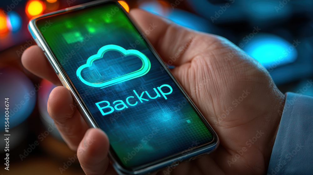 Poster smartphone screen displays cloud backup app interface, held in hand