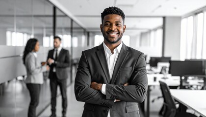 Black & white tone office blurred background, man in polite posture with hands gathered from right