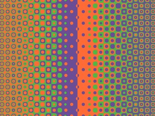 Abstract geometric pattern with vibrant orange, green, and purple gradient, featuring circles and squares, perfect for modern designs and backgrounds.