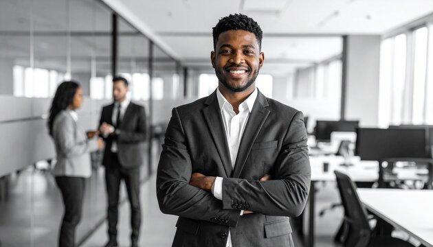 Black & white tone office blurred background, man in polite posture with hands gathered from right