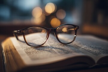 Eyeglasses rest on an open book; soft background lighting