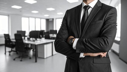 Black & white tone office blurred background, man in polite posture with hands gathered from right