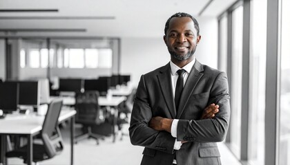 Fototapeta premium Black & white tone office blurred background, man in polite posture with hands gathered from right