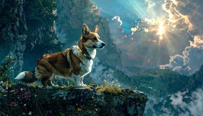 A majestic corgi with a glowing collar stands proudly on a cliff in a stunning fantasy landscape.