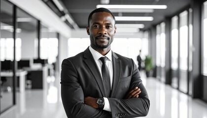 Fototapeta premium Black & white tone office blurred background, man in polite posture with hands gathered from right
