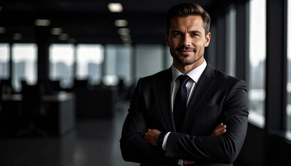 Fototapeta premium Black & white tone office blurred background, man in polite posture with hands gathered from right