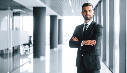Black & white tone office blurred background, man in polite posture with hands gathered from right