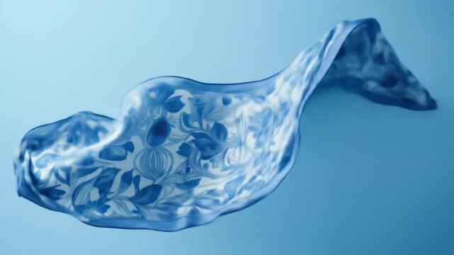 A large, lightweight silk scarf, with intricate blue and white patterns resembling feathers or botanical elements