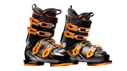 Pair of ski boots showing vibrant orange and black design elements