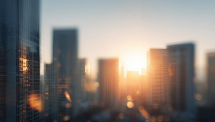 Fototapeta premium Blurred cityscape at sunset, warm hues dominate, buildings out of focus