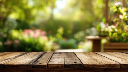 Rustic wooden planks foreground a blurred garden scene of lush greenery and soft sunlight