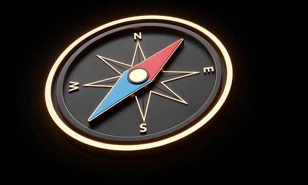 A detailed compass design featuring cardinal directions with a glowing outline against a dark background
