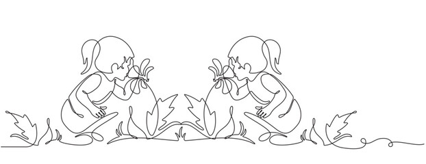 two little girls smelling flowers in continuous line drawing style. two little girls squatting to smell flowers. vector Green line linear sketch isolated on white background.