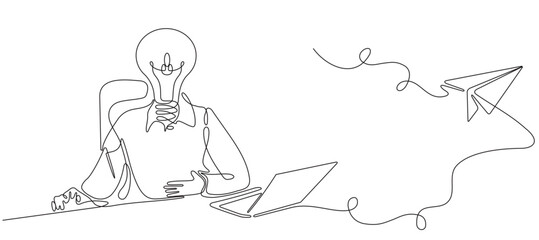 One line drawing of business man and light bulb with laptop and paper airplane business development logo identity. Continuous line drawing design vector graphic