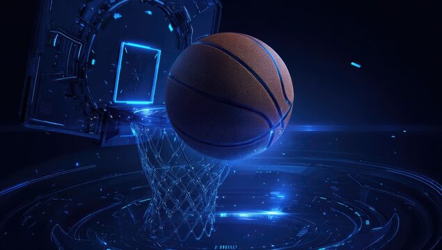 Basketball soaring through a glowing, digital hoop
