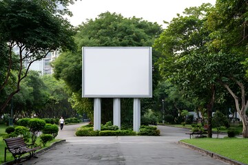 Fototapeta premium Large Blank Billboard Mockup in Green City Park, Ideal for Outdoor Advertising and Design Templates