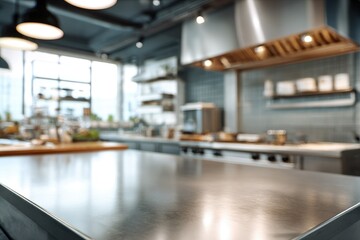 Blurry modern kitchen interior, stainless steel counter
