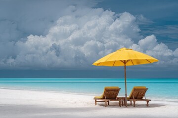 Tropical beach scene with yellow umbrella and chairs (5)