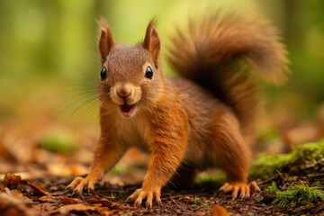 Curious gray squirrel cautiously peeking around tree corner with bright alert eyes against vibrant blue background