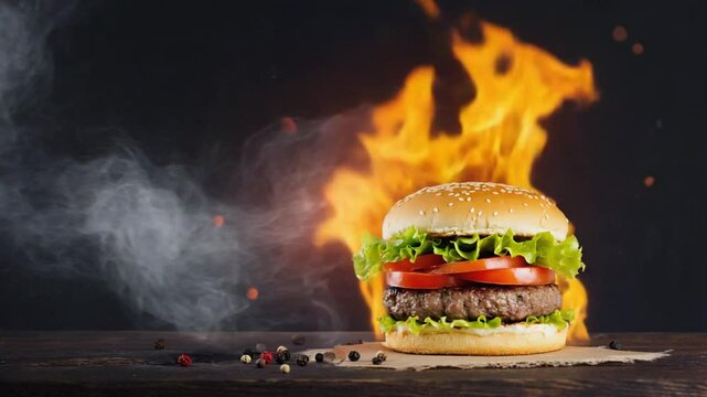 A juicy burger with dramatic flames on a dark background, symbolizing delicious fast food, intense flavor, and sizzling hot preparation. Ideal for food or dining themes.