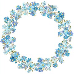 A circular wreath of delicate blue forget-me-not flowers
