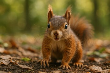 Curious gray squirrel cautiously peeking around tree corner with bright alert eyes against vibrant blue background