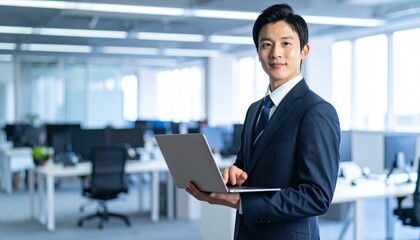 A Korean man in a suit holding a laptop computer to the right, with luxury office furniture in the blurred background