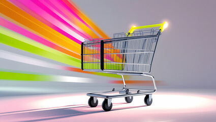 Golden Shopping Cart with Colorful Motion Blur, shopping cart in the supermarket