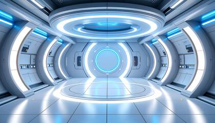 Futuristic, sleek white corridor with glowing blue circular accents, reflective floors, and smooth, curved walls, creating a clean, high-tech aesthetic